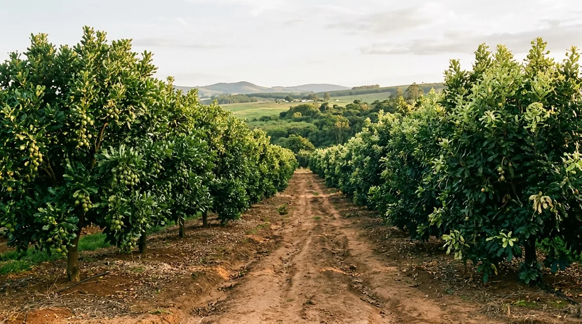 Two adjacent macadamia orchard blocks on the same nitrogen programme separated by a farm road, one with balanced deep-green growth and one with over-lush vegetative flush and poor fruit set