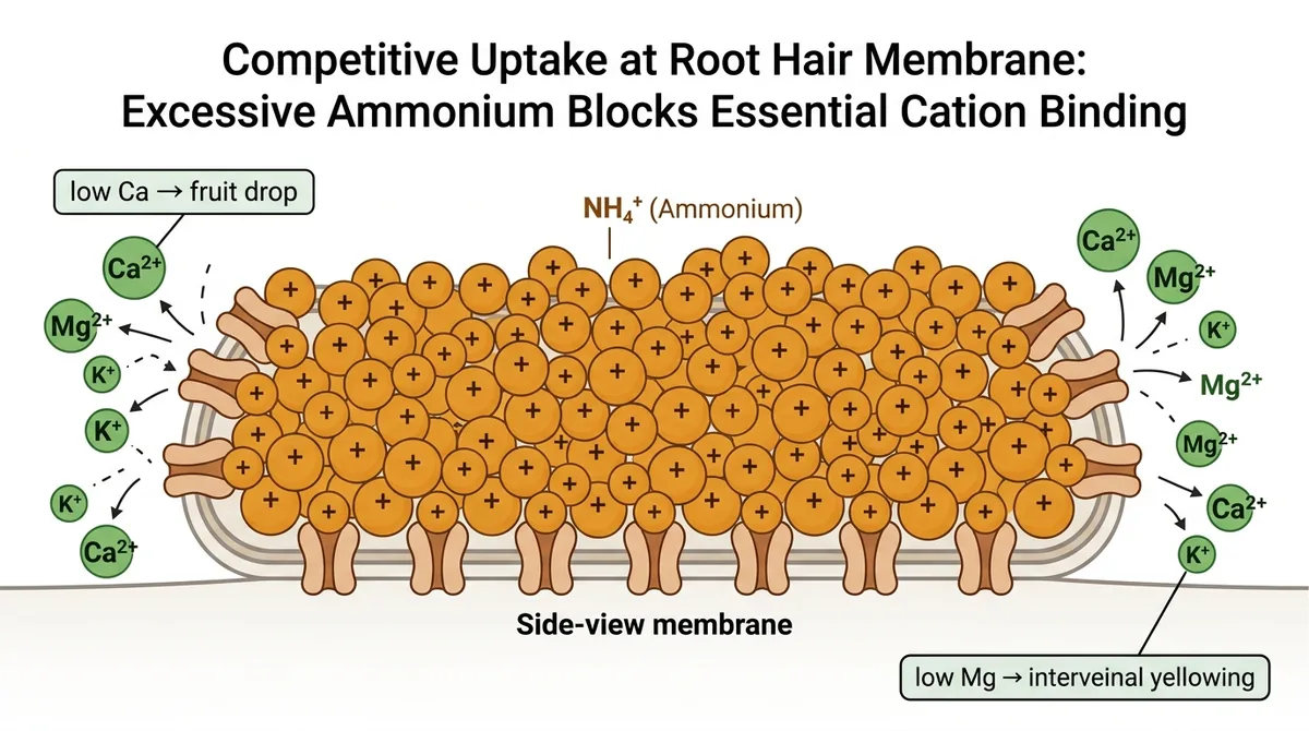 Diagram of competitive uptake at the root-hair membrane where an excess of ammonium ions blocks calcium, magnesium and potassium from binding, linked to fruit drop from low calcium and interveinal yellowing from low magnesium