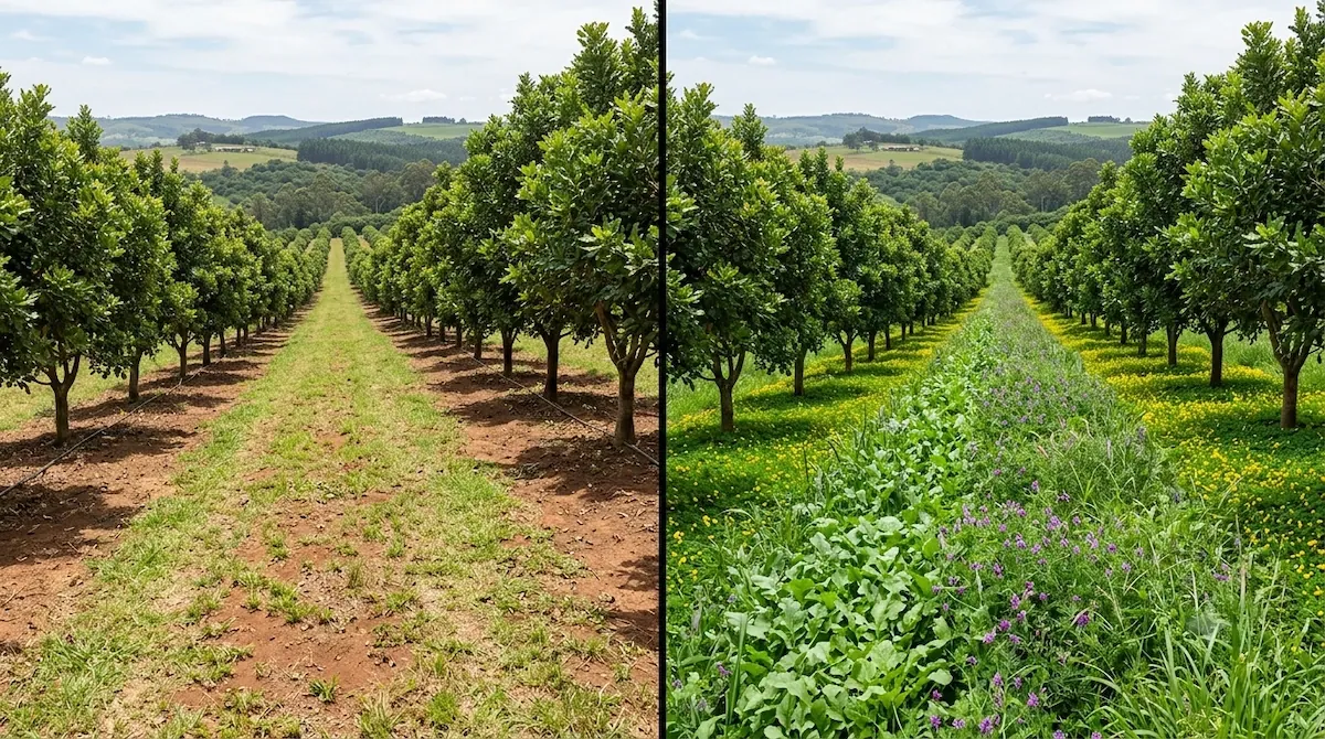 Split view of a macadamia orchard interrow: bare sprayed soil on the left, a dense green cover-crop mix on the right