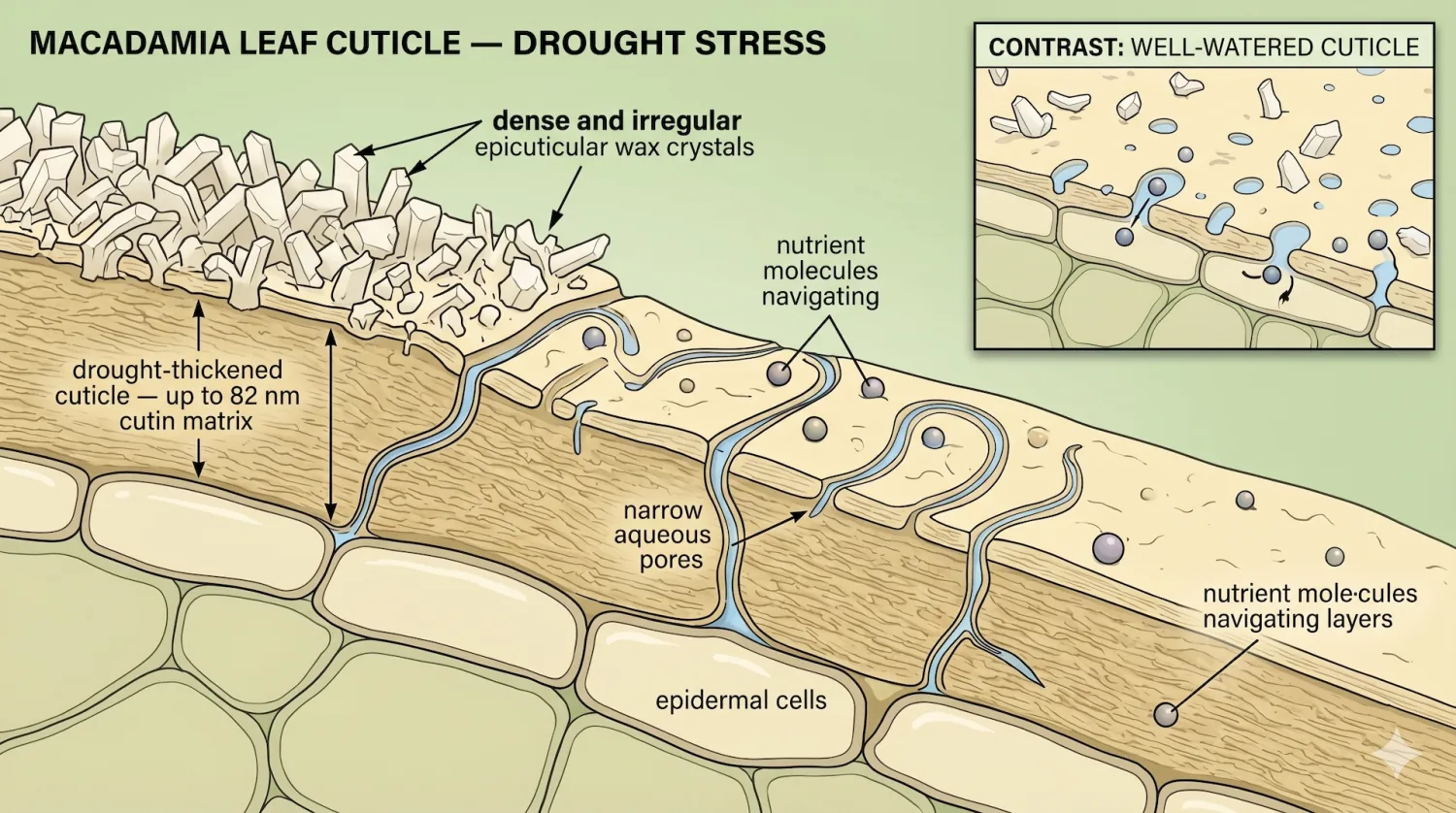 Drought-stressed leaf cuticle showing nutrient immobilisation effects