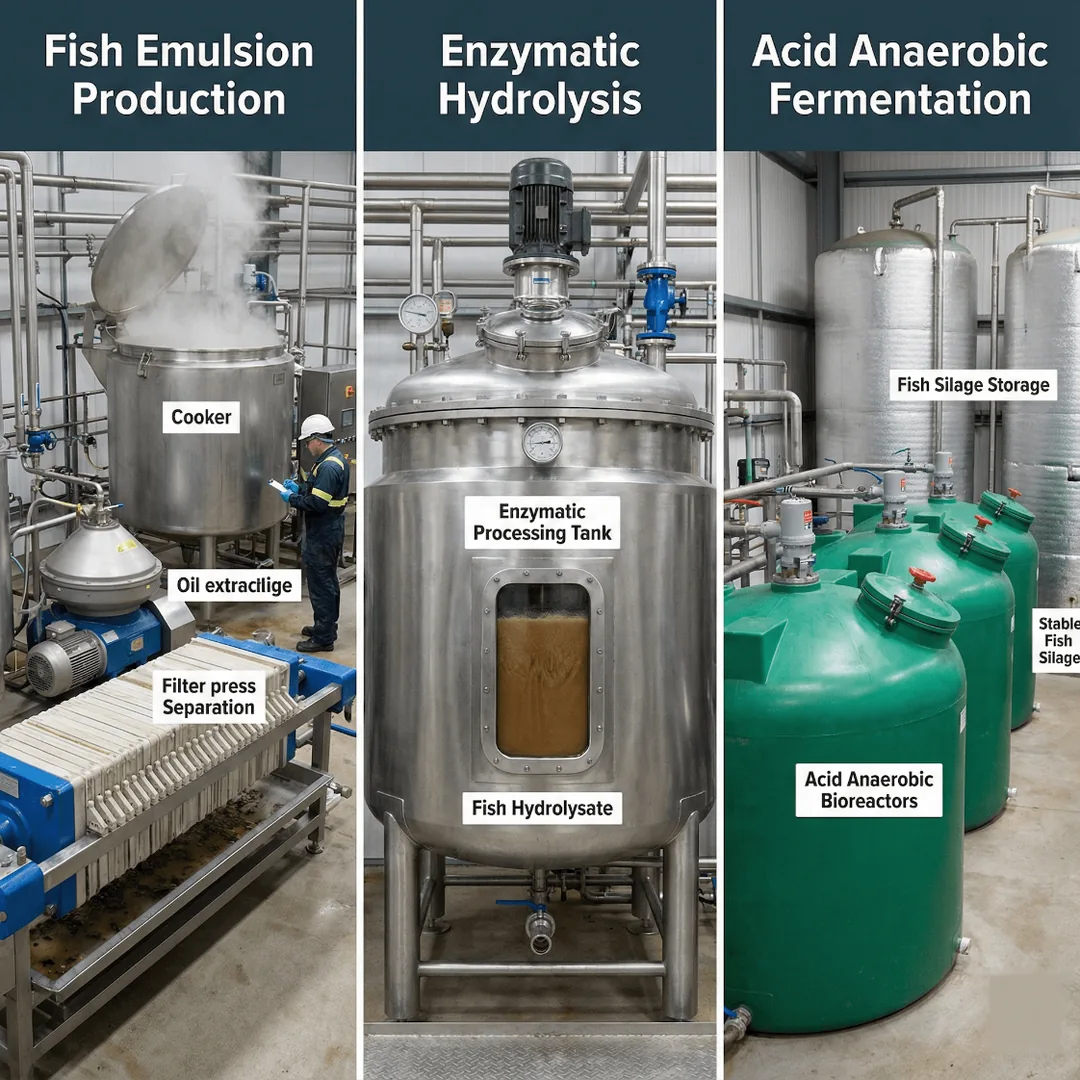 Three-panel comparison of fish input production: high-heat emulsion production with cooker and filter press, low-temperature enzymatic hydrolysis in a processing tank, and acid anaerobic fermentation in green bioreactors with silage storage