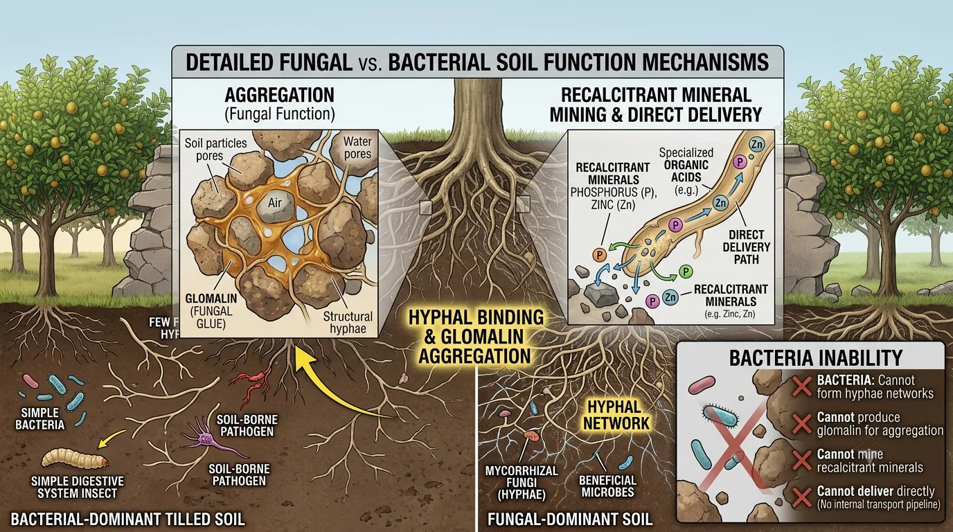 Diagram of fungal versus bacterial soil function mechanisms, showing glomalin aggregation and recalcitrant mineral mining and direct delivery by mycorrhizal hyphae, versus bacteria which cannot perform either function