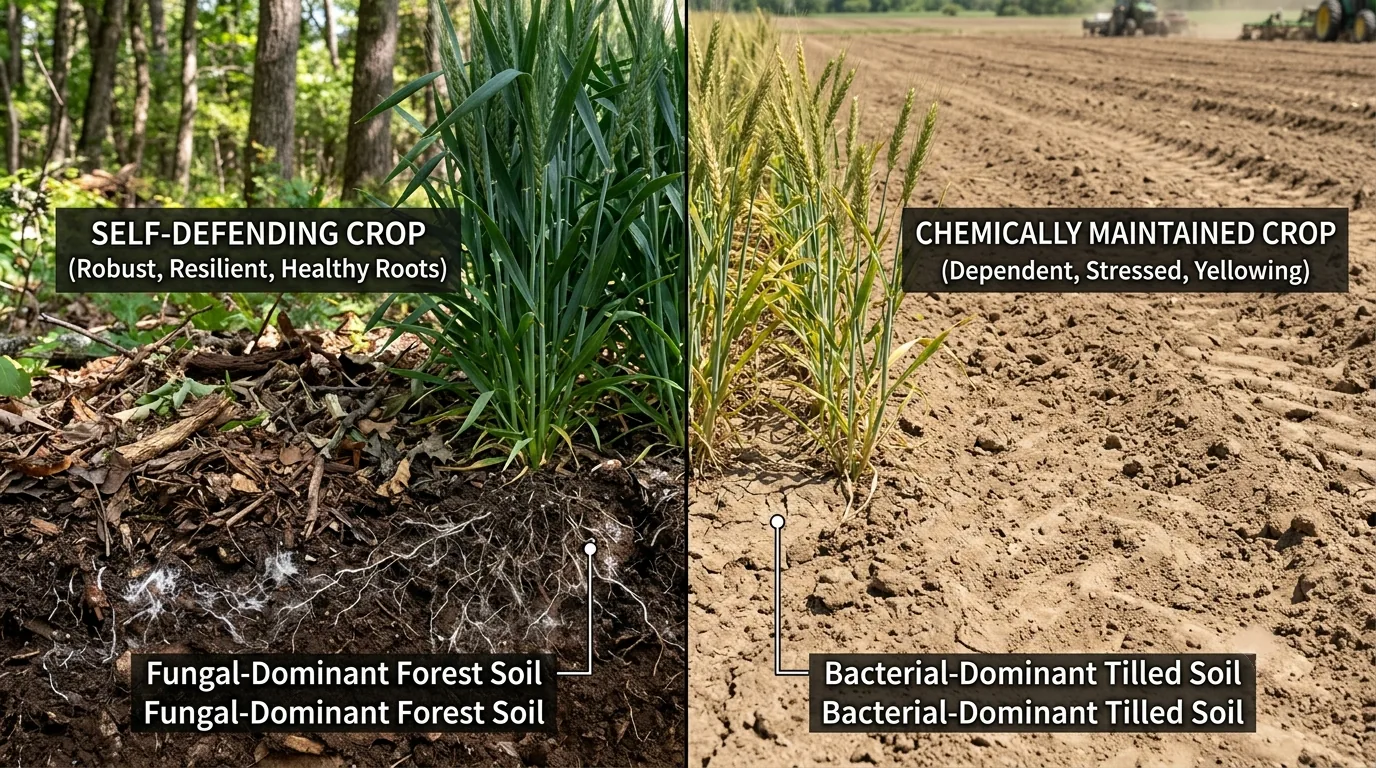 Contrast between fungal-dominant forest soil with visible white mycelium and bacterial-dominant tilled soil that is bare and compacted