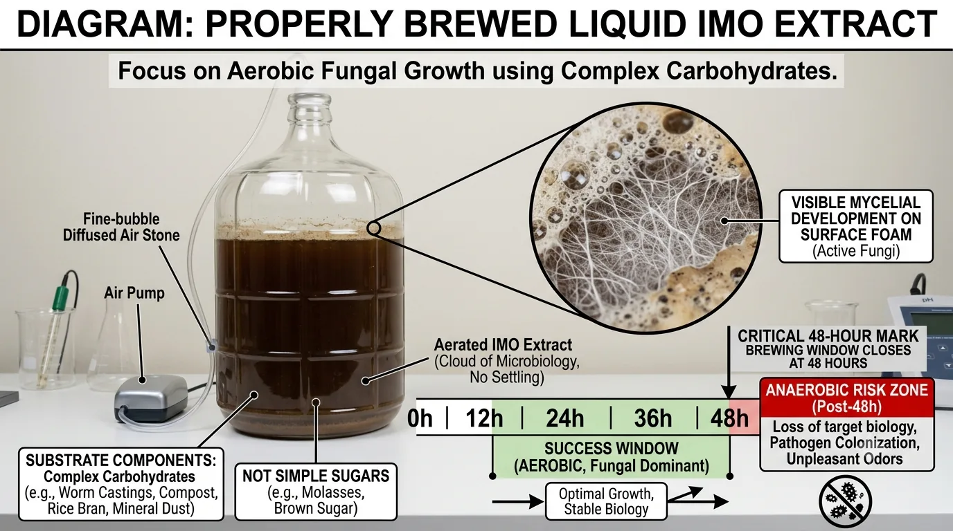 Diagram of a properly brewed Liquid IMO extract showing an aerated bioreactor with fine-bubble diffused air, visible mycelial development on the surface foam, and the 48-hour brewing window before the extract turns anaerobic