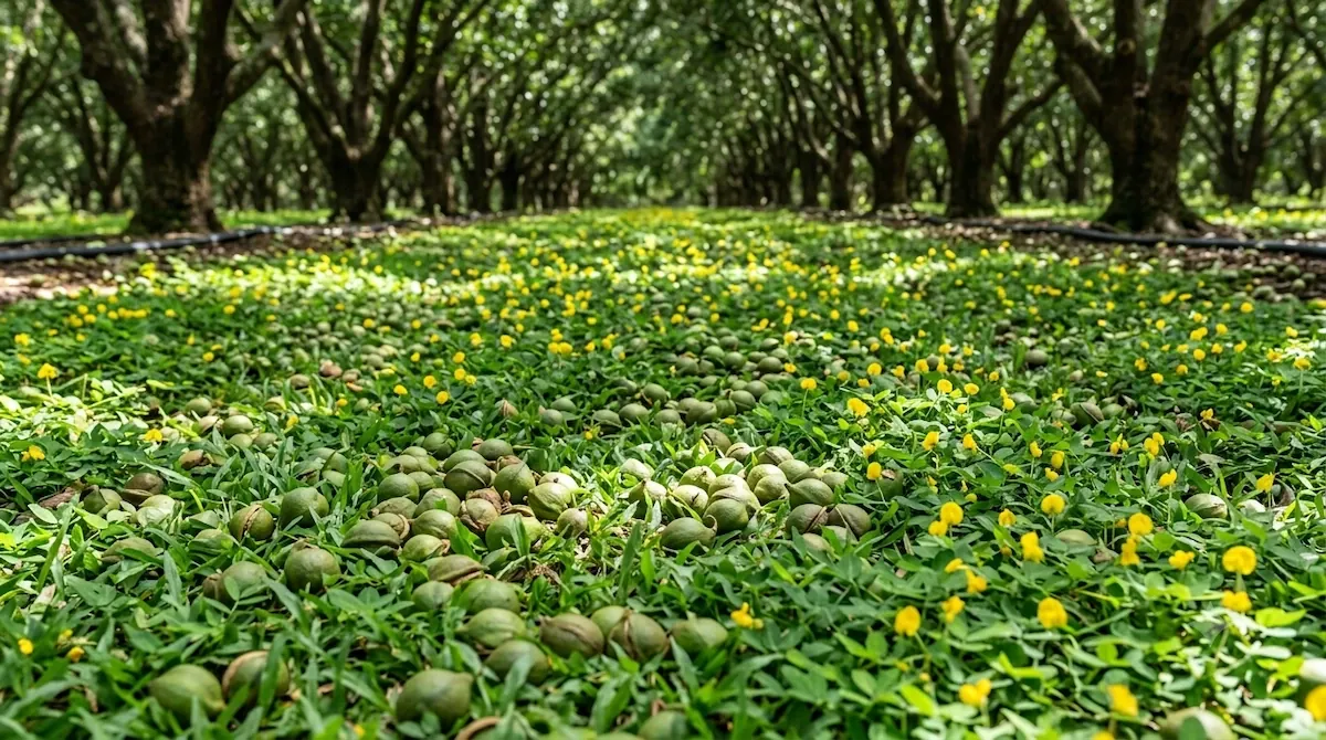 Floor of a mature macadamia orchard under a closed canopy, carpeted with a low mat of LM grass and flowering pinto peanut, with fallen nuts-in-husk resting cleanly on top of the cover ready for sweeping