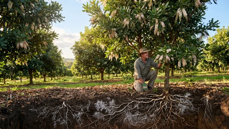 Macadamia orchard with healthy fungal networks in soil