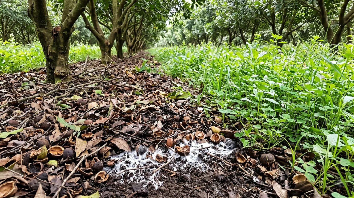 Ground-level photograph inside a macadamia tree row showing rich organic mulch with visible white fungal mycelium at the mulch-soil interface and green groundcover