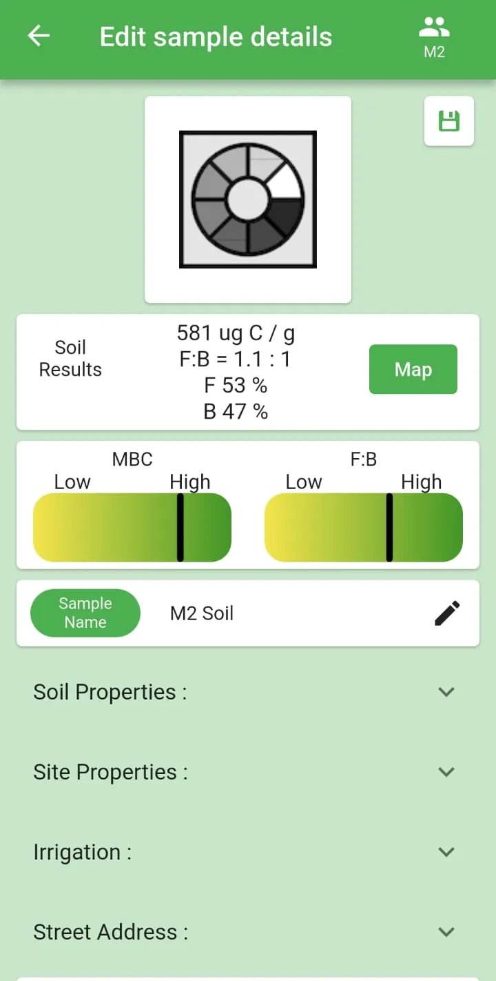 microBiometer app reading for sample M2 before silage: 581 micrograms carbon per gram, F:B ratio 1.1 to 1, 53 percent fungal, 47 percent bacterial