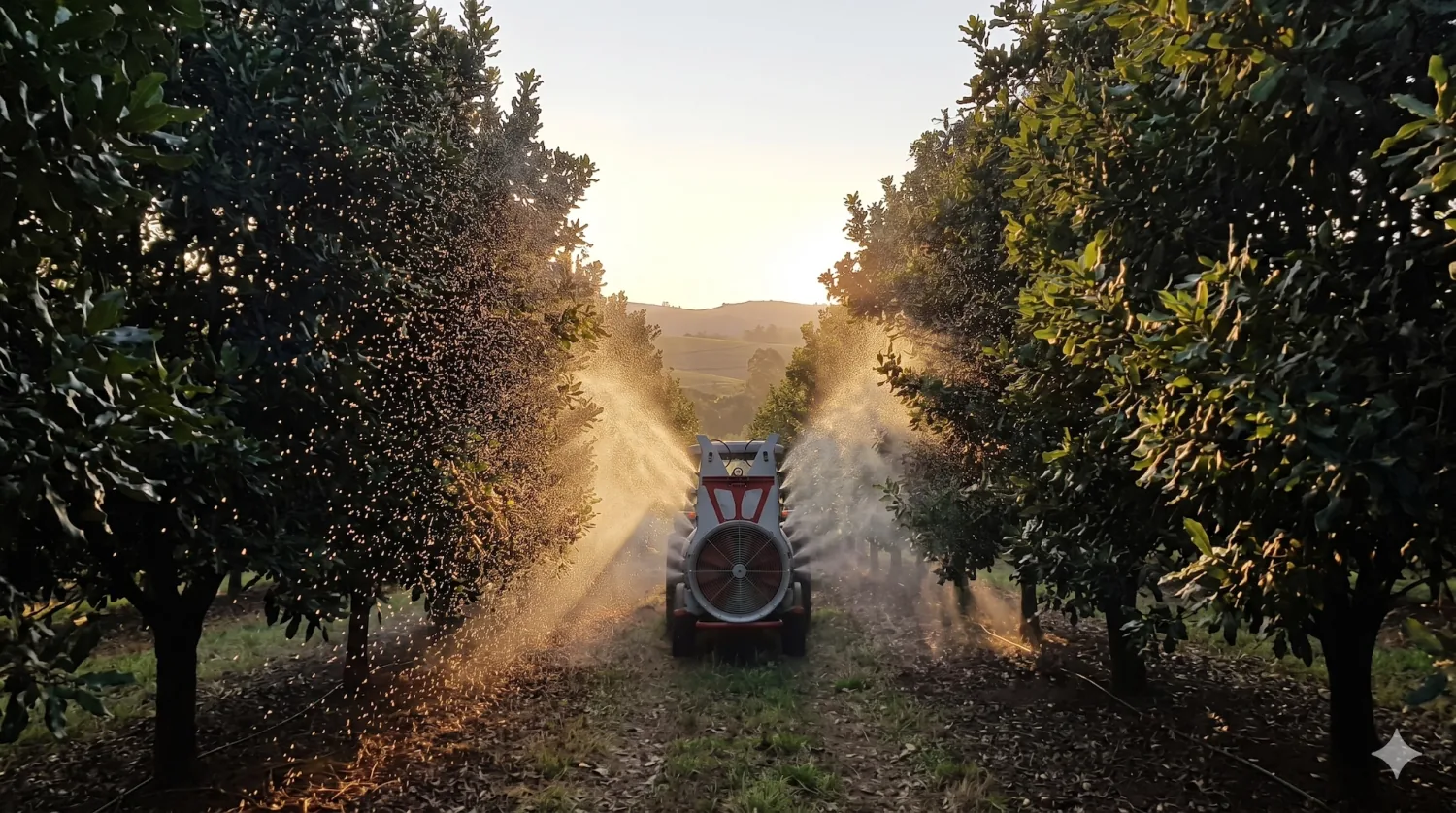 Mist blower applying foliar spray through a macadamia orchard at sunset, fine droplets visible against golden light in the tree canopy