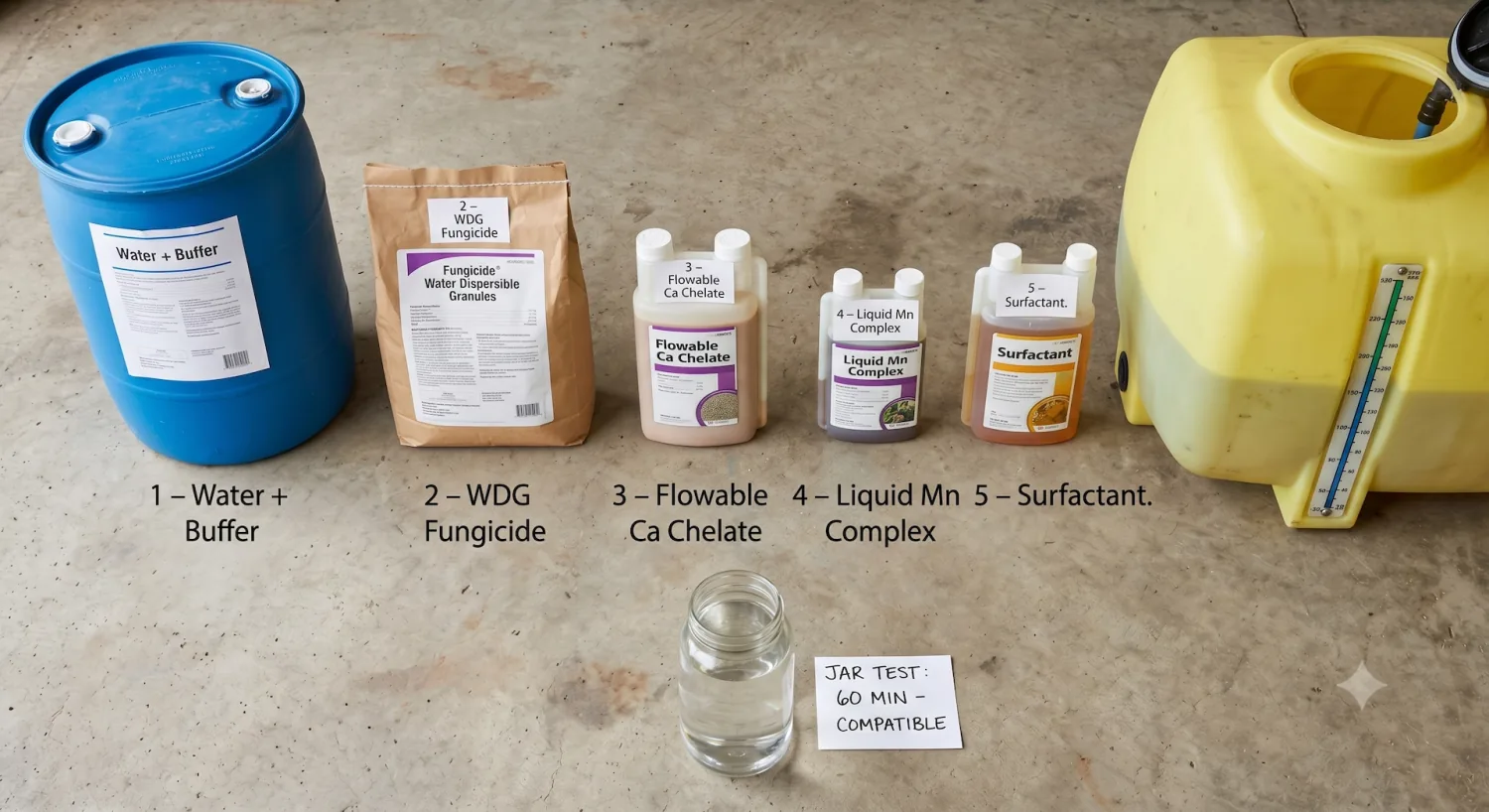 Five spray products laid out in numbered mixing order next to a spray tank, with a clear jar showing a compatible 60-minute jar test result in the foreground