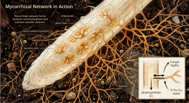 Mycorrhizal fungal network connecting tree roots in orchard soil