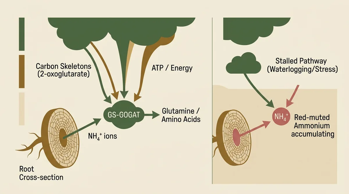 Schematic of ammonium assimilation: NH4+ entering the root meets carbon skeletons and ATP at the GS-GOGAT node to form glutamine and amino acids, and stalls with ammonium accumulating when waterlogging or stress limits the pathway