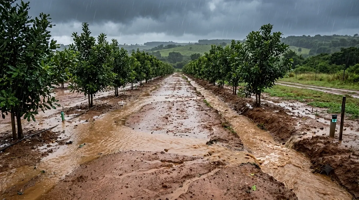 Heavy rain sheeting across the bare interrows of a young macadamia orchard, cutting erosion channels and carrying topsoil off the block