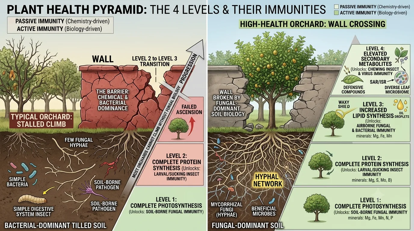 Plant Health Pyramid showing four levels from photosynthesis to secondary metabolites, comparing a stalled bacterial-dominant orchard against a high-health orchard whose fungal-dominant soil biology breaks through the wall between levels