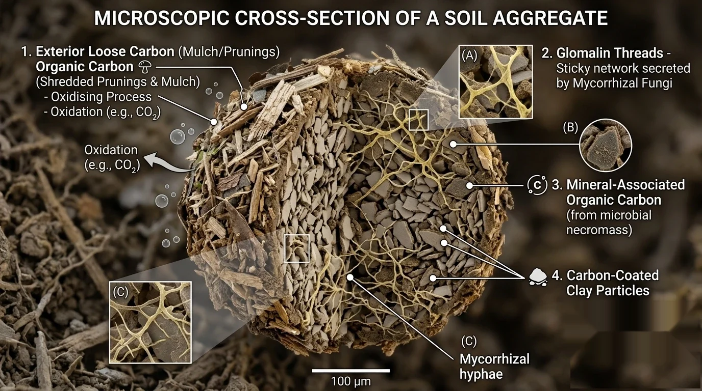 Labelled microscopic cross-section of a soil aggregate at 100 micrometre scale: loose particulate organic carbon from shredded prunings and mulch sits on the exterior and oxidises away as carbon dioxide, while inside, mineral-associated organic carbon from microbial necromass coats clay particles, and a sticky network of glomalin threads secreted by mycorrhizal hyphae binds the whole aggregate together