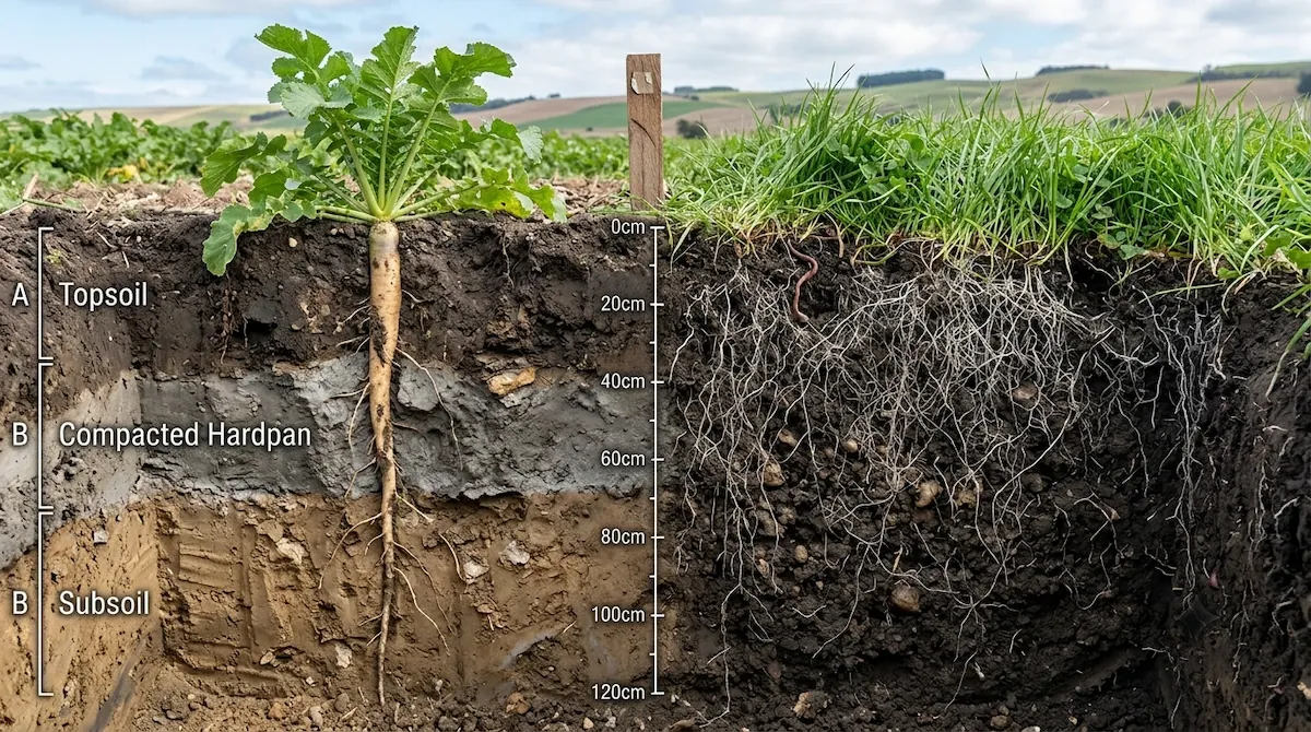 Soil-profile cross-section marked topsoil, compacted hardpan and subsoil: a fodder radish taproot bores straight through the hardpan on the left, while a dense fibrous grass root mat fills the topsoil on the right