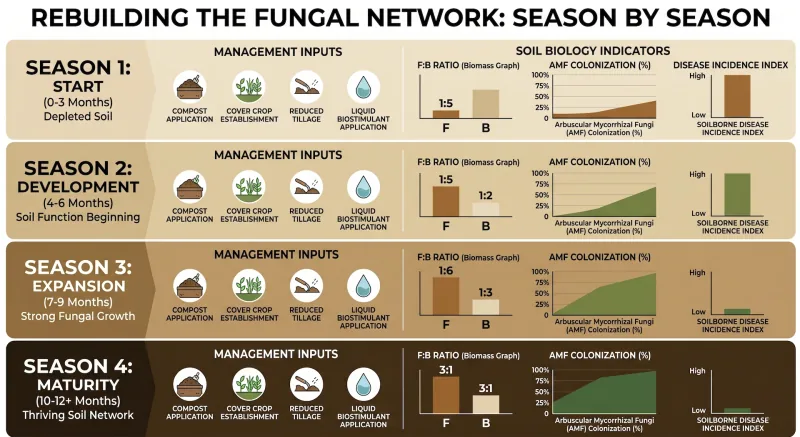 Season-by-season progress of rebuilding fungal networks and reducing input costs
