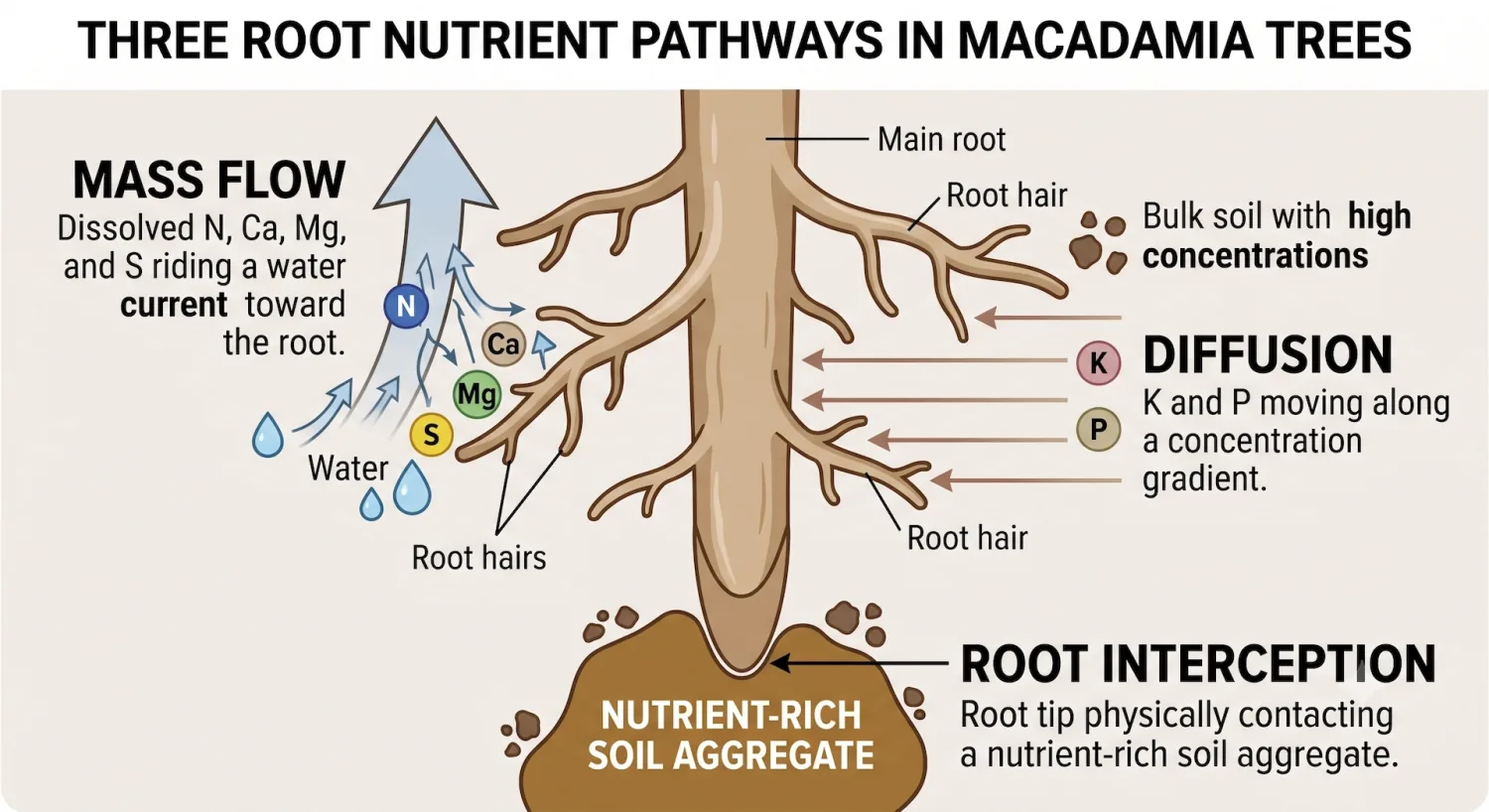 Diagram of three root nutrient pathways in macadamia trees: mass flow, diffusion, and root interception