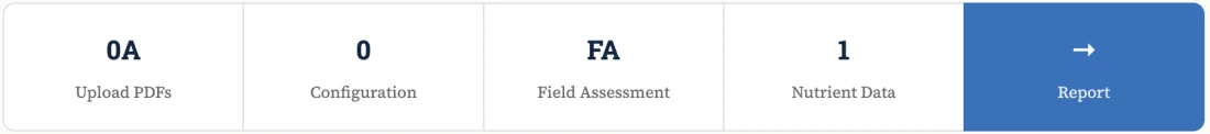 SAP Analysis Engine step tracker: Upload PDFs, Configuration, Field Assessment, Nutrient Data, Report