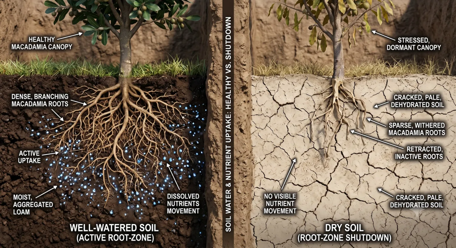 Split cross-section showing well-watered macadamia soil with dense active roots on the left versus cracked dry soil with sparse retracted roots on the right