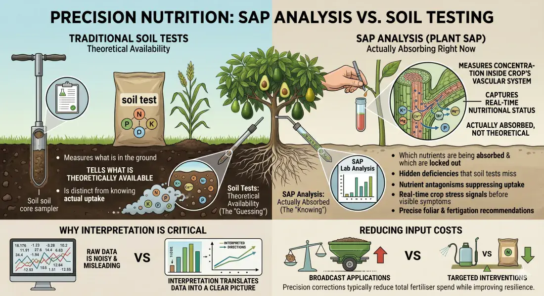 Infographic comparing traditional soil testing with real-time SAP analysis