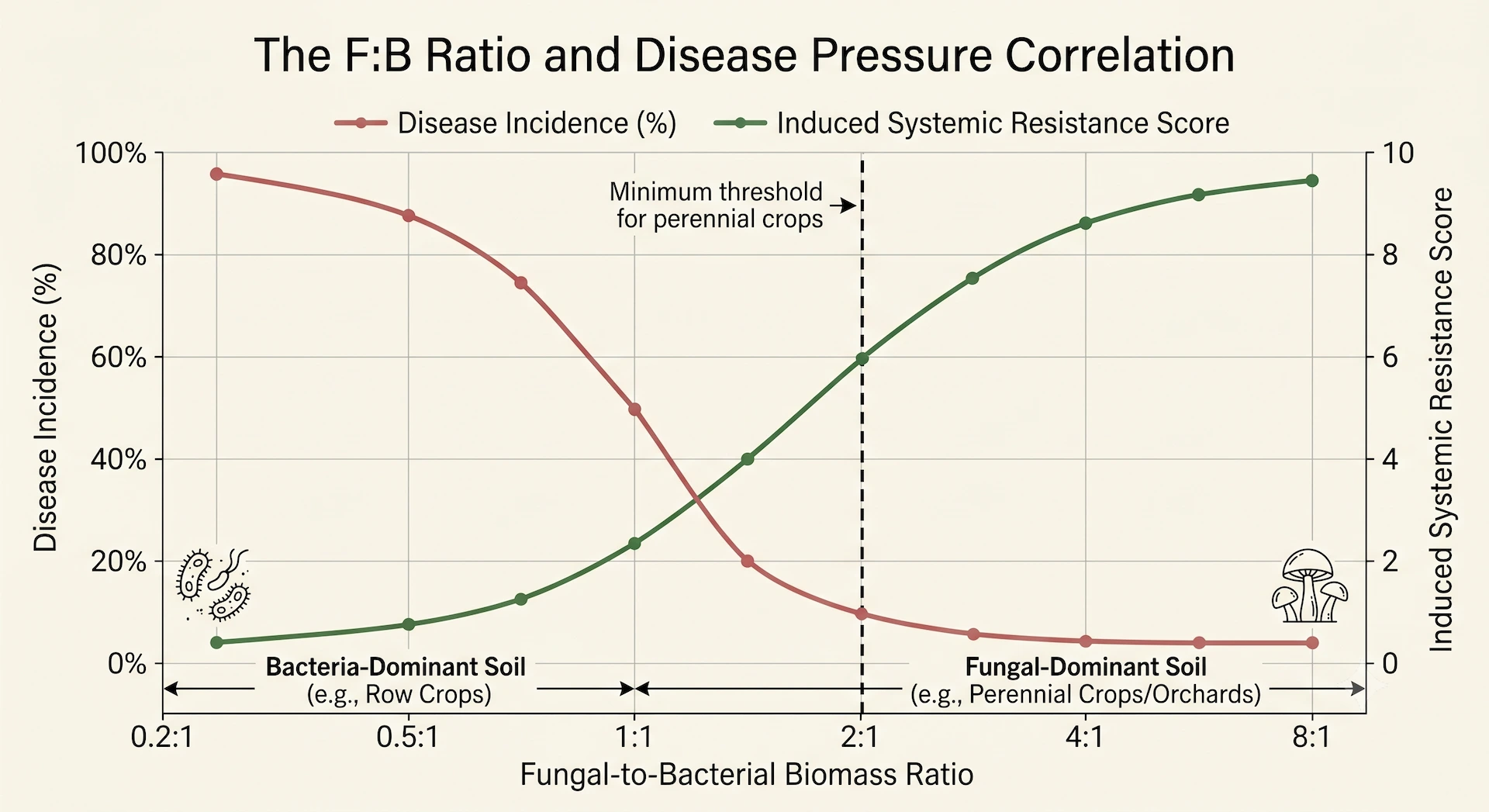 Chart showing the correlation between F:B ratio and disease pressure in orchards
