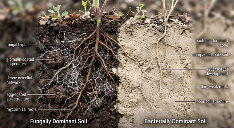 Cross-section showing the living soil ecosystem beneath an orchard