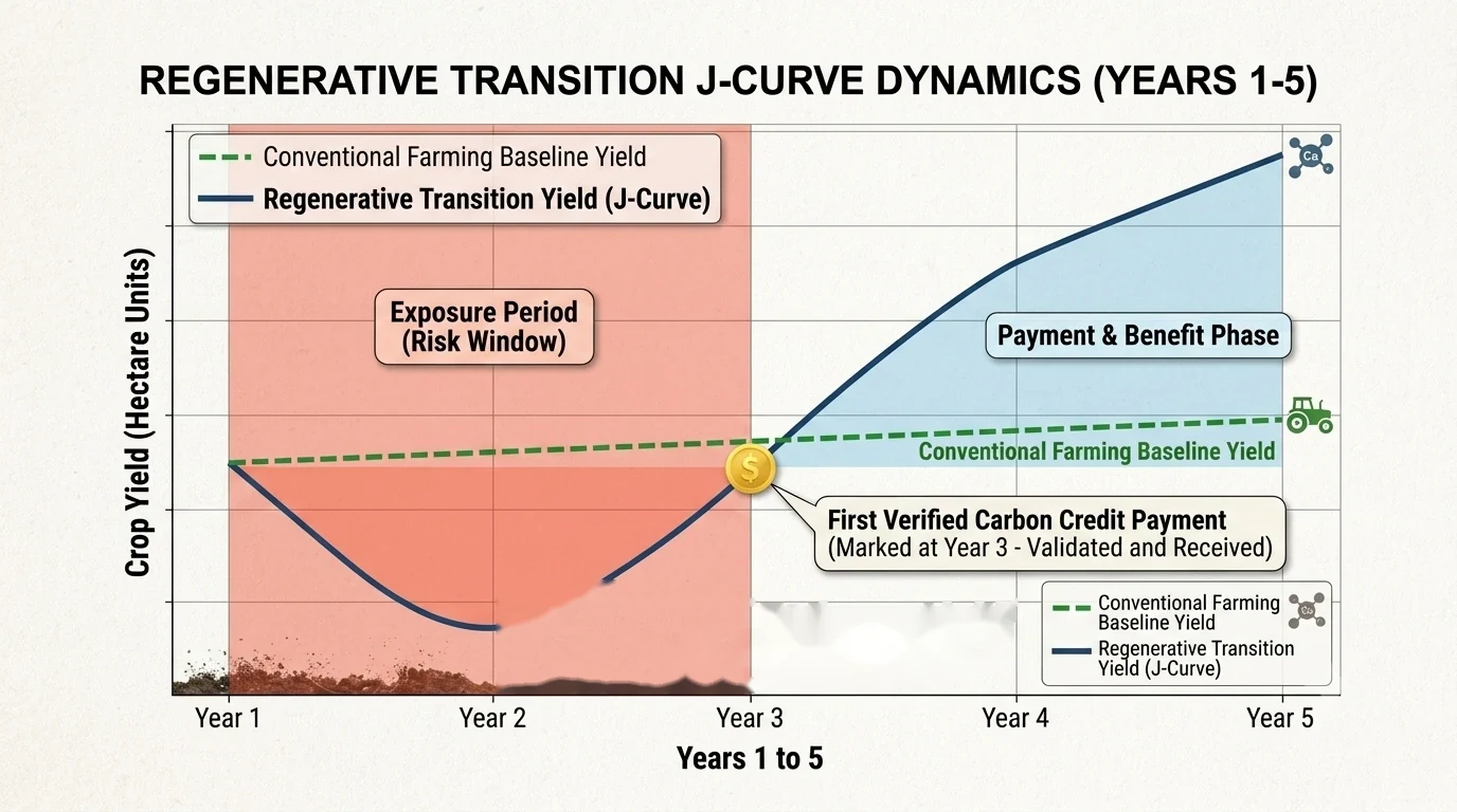 Chart of regenerative transition J-curve dynamics over five years: crop yield on the regenerative block dips well below the conventional baseline through years one to three, shaded as the exposure or risk window, then climbs above the baseline in years four and five, shaded as the payment and benefit phase, with the first verified carbon credit payment marked at year three