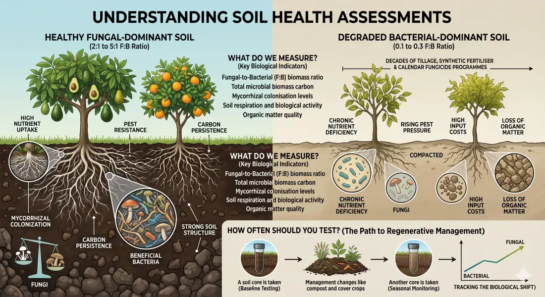 Infographic explaining soil health assessments, F:B ratio and mycorrhizal colonisation