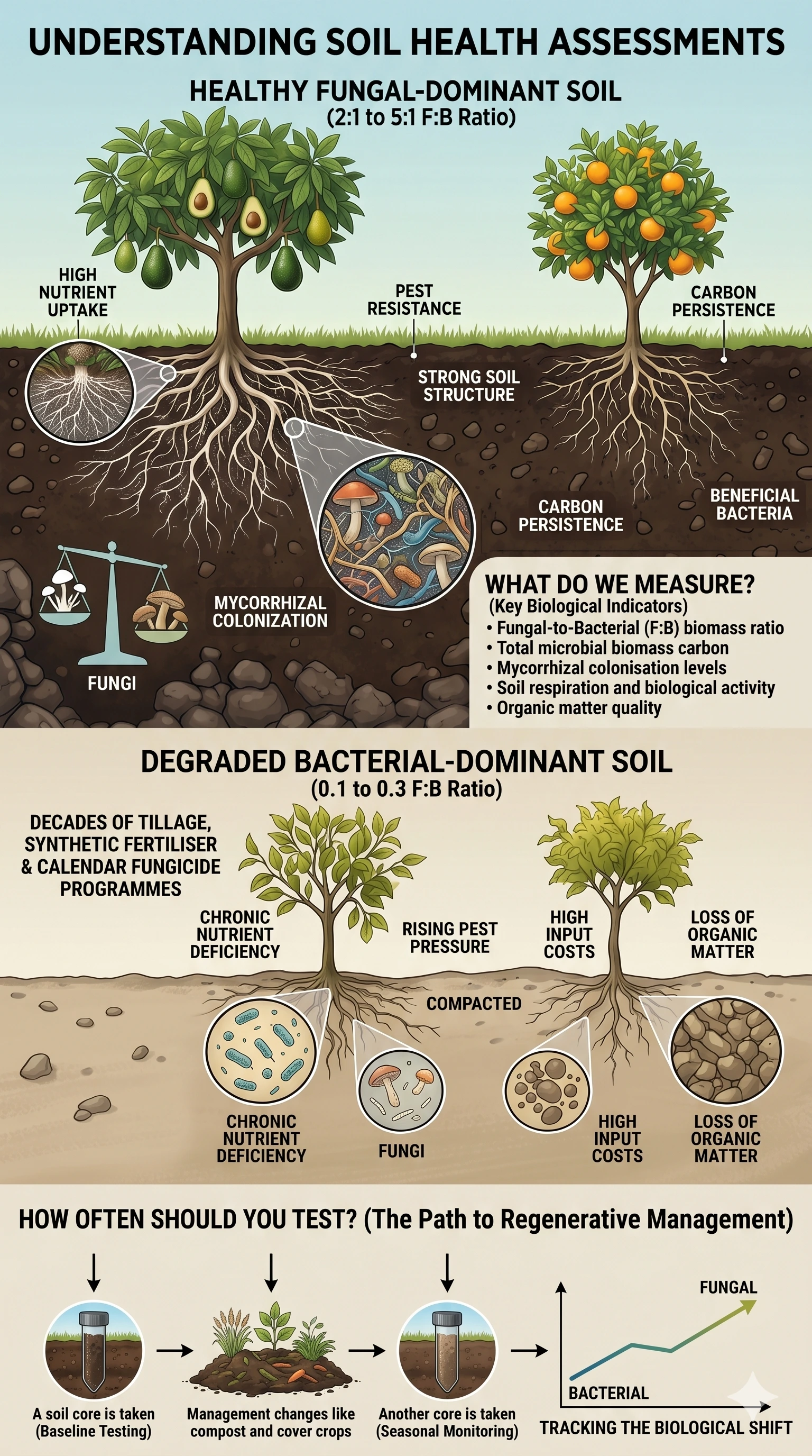 Infographic explaining soil health assessments, F:B ratio and mycorrhizal colonisation