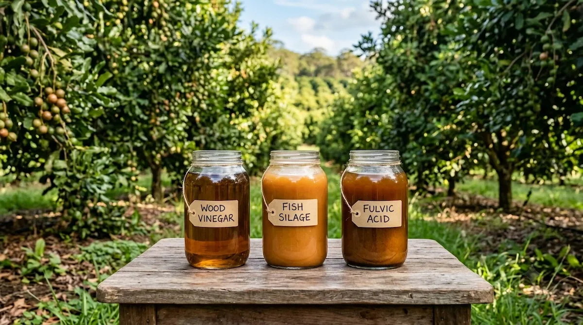 Three glass jars labelled Wood Vinegar, Fish Silage and Fulvic Acid on a wooden table in a macadamia orchard
